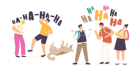 Kids Laughing Concept. Happy Girls and Boys Characters Laugh Expression, Funny Children and Dog Chortle, Ha-ha Emotion