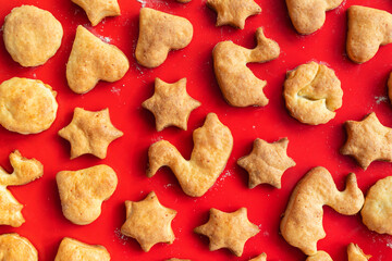 Flat lay top above view of sweet tasty delicious curd ginger cookies baked in hot oven stove on red bright silicone bakery mat at home kitchen. Homemade hot biscuits pattern background