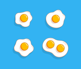 Fried eggs set. Helthy breakfast. Cartoon egg flat trendy design collection. Vector illustration isolated on blue 