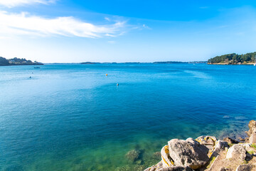 Brittany, panorama of the Morbihan gulf, view from the Ile aux Moines, with a wooden door
