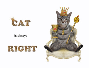 A gray cat in a golden crown with a scepter is sitting in a throne. Cat is always right. White background. Isolated.