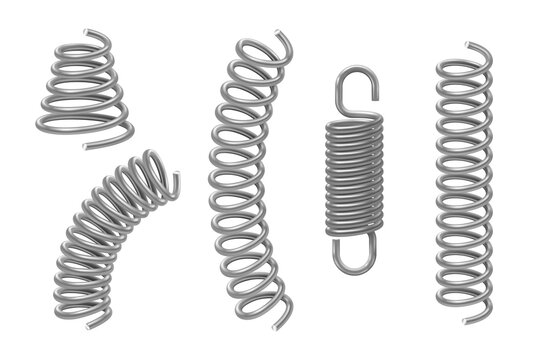 Metal springs set of various shaped tapering. Compressed, extended coils, spirals