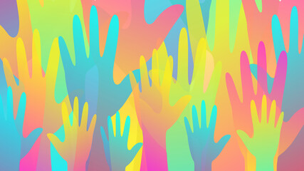 Background of multicolored hands silhouette, diversity concept, volunteering. Vector stock illustration. 