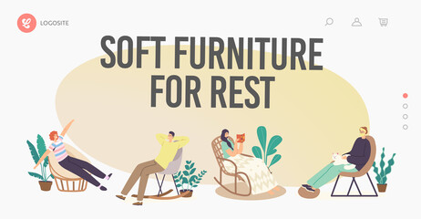 Soft Furniture for Rest Landing Page Template. Characters Relax at Home in Comfortable Chairs or Armchairs