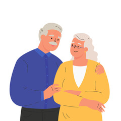 Happy elder man hugging his wife feeling love to each other. Portrait of old couple man and woman. Friendly family relationship. Cartoon vector flat illustration on white background. 