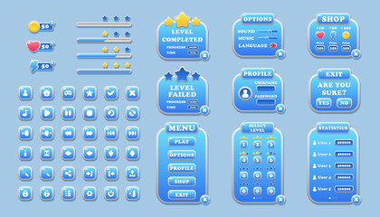 Interface elements for game and app design buttons, windows, and settings GUI, UI. - obrazy, fototapety, plakaty