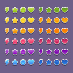 Lightning, star, heart and coin icons for game and app design.