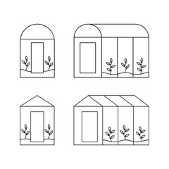 Set of greenhouse. Vector illustration. Plants growing inside glass greenhouse. Vector empty greenhouse and with plants.
