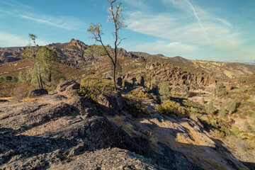 Rock formations in Pinnacles National Park in California, the destroyed remains of an extinct...