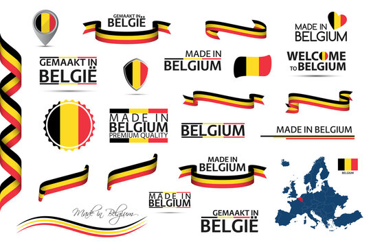 Big vector set of Belgian ribbons, symbols, icons and flags isolated on a white background. Made in Belgium, premium quality, Belgian national tricolor. Set for your infographics and templates