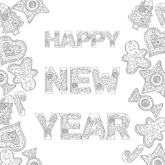 Happy New Year text with frame composed of gingerbread cookies. Christmas lettering. Vector illustration in hand draw style isolated on white background. Design for coloring book page, poster, print.