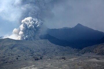 the violent eruption of volcano mount bromo in east java. indonesia