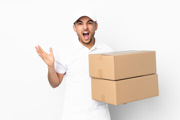 Delivery Arabian man isolated on blue background unhappy and frustrated with something