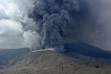 the violent eruption of volcano mount bromo in east java. indonesia