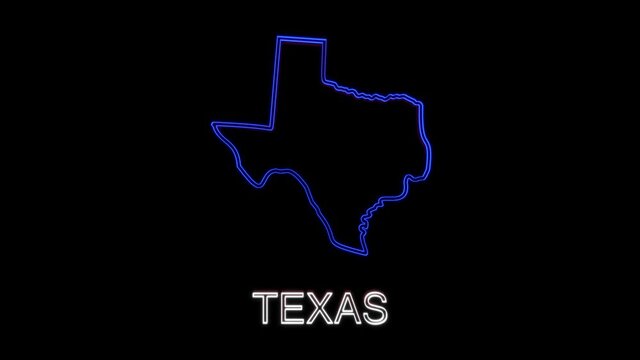 Neon animated map showing the state of Texas from the united state of america. 2d map of Texas.