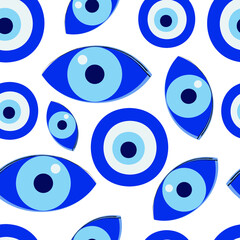 Turkish amulet against the evil eye. Blue eye. Guardian Nazar. Seamless pattern for printing on fabric, textile, paper, interior design. Vector graphics.
