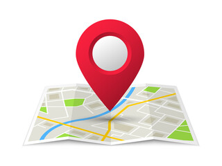 Fototapeta premium Folded location map with marker. City map with pin pointer. GPS navigation map with city street roads. Vector illustration.