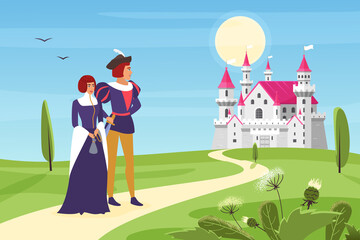 Prince and princess walk road to royal castle vector illustration. Cartoon happy young man and woman characters in rich medieval clothes walking to fortress through green fields and meadows background