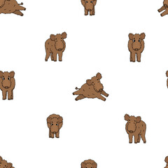 Seamless pattern of brown vector outline cute cartoon boar in different poses. Fluffy animal stand, run, is happy, is angry. Front side view. Doodle isolated illustration on white background.