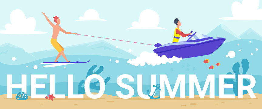 Hello summer lettering vector illustration. Cartoon people water skiing in blue waves of tropical sea, riding waterski in motion, extreme water sport activity on summertime vacation banner background