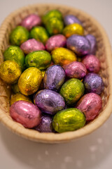multicoloured chocolate easter candies in a basket