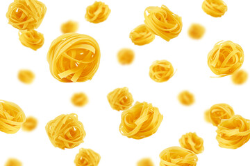 Falling pasta, tagliatelle, fettuccine isolated on white background, selective focus