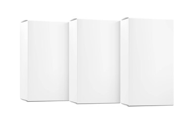 Realistic cardboard boxes mockup set. Perspective view. Vector illustration isolated on white background. Can be use for food, medicine, cosmetic and etc. Ready for your design. EPS10.