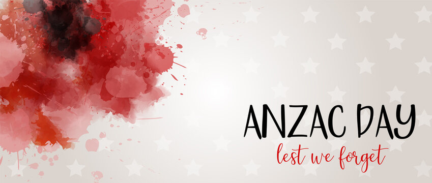 Remembrance day symbol. Anzac Day. Lest we forget lettering. Red watercolor poppies. Horizontal banner template