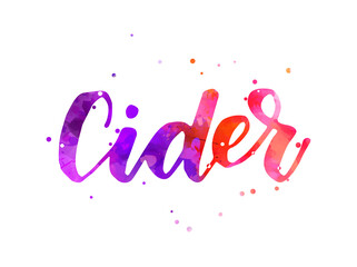 Cider - handwritten modern lettering with dots decoration. Drink lettering template for menu, bar, cafe etc. Watercolor imitation painted text.