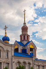 Fototapeta na wymiar Picturesque domes of the Church of the Nativity of the Blessed Virgin. Russia, Krasnodar Territory, the village of Kislyakovskaya.