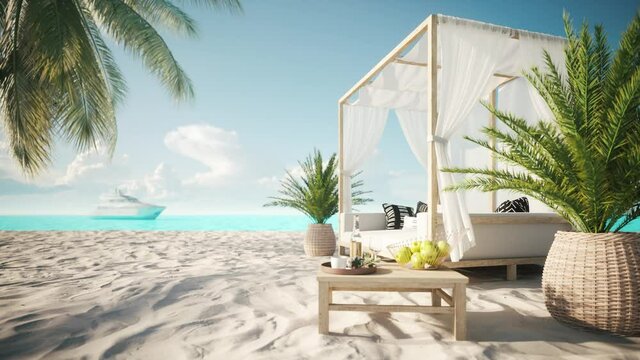 Beach Lounge bed on the beach. White beach canopies. Luxury beach tents at the resort