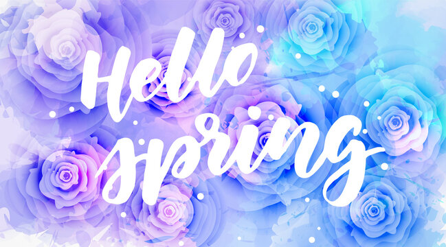 Hello spring - handwritten modern calligraphy inspirational text on multicolored watercolor floral background with abstract dots decoration.