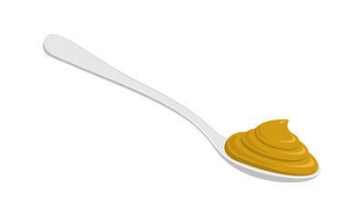 Spoon with mustard isolated on white background. Vector cartoon illustration.