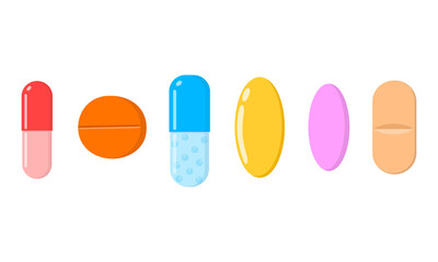Different medicine tablets, pills, capsules icons isolated on white background. Medical and healthcare concept. Vector cartoon illustration.