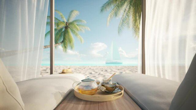 Comfortable lounge canopy on VIP beach seascape. Tropical beach scene with white canopy and curtain. View from beach canopy