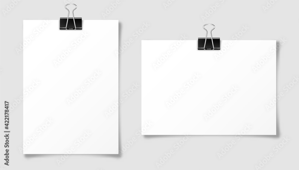 Wall mural realistic blank paper sheet in a4 format with black binder clip. notebook page, document. design tem