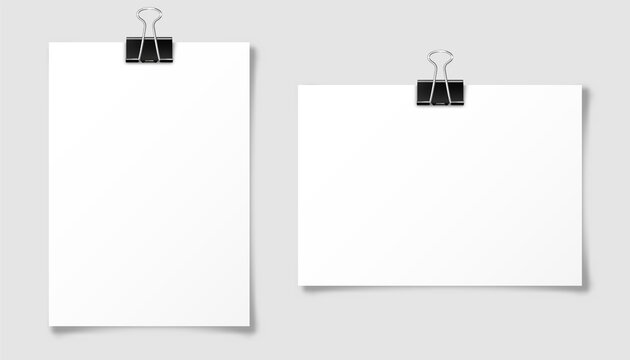 Realistic blank paper sheet in A4 format with black binder clip. Notebook page, document. Design template or mockup. Vector illustration.