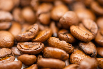 
Macro shot of brown freshly roasted coffee beans