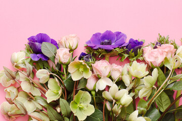bouquet of multicolored different flowers on the pink background. Copy text for a menu, reception, party poster, or wedding invitation.