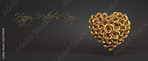 3d rendering: A heart of golden roses in front of a black background and the text "Happy Mother's Day" - web banner format