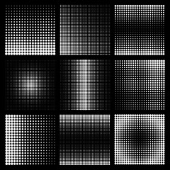 Halftone design elements with white dots on black background. Comic dotted pattern. Vector illustration.