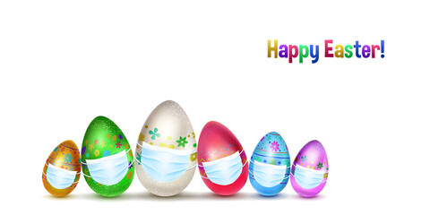 Illustration of realistic Easter eggs in various colors with holiday symbols, in medical masks on white background