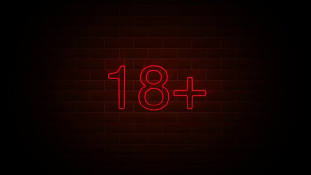 18 plus text on neon sign. Night bright advertisement. 4K Motion Design Animation