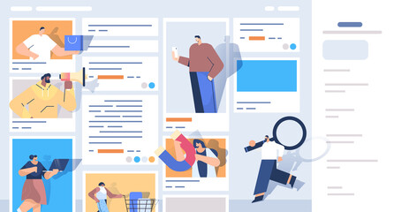 mix race people in web browser windows using computer applications digital marketing concept