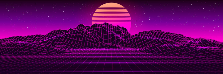 Retro futuristic background landscape 1980s style. 80s Retro Sci-Fi background. Vector futuristic illustration of sun with mountains in retro style.