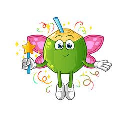 coconut drink fairy with wings and stick. cartoon mascot vector