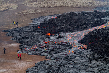 GELDINGADALIR, ICELAND - MARCH 21, 2021: A small volcanic eruption started at the Reykjanes...