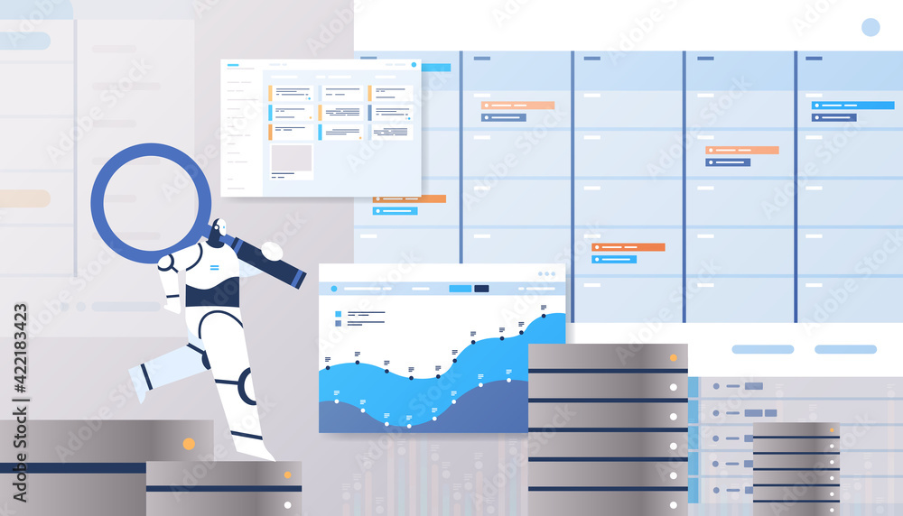 Poster robot with magnifying glass analyzing statistics graphs and charts financial data analyzing artifici