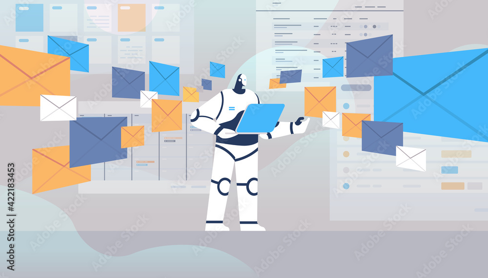 Poster robot using laptop sending and receiving envelopes email letters artificial intelligence technology