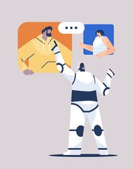 cute robot discussing with people during video call online communication artificial intelligence technology concept